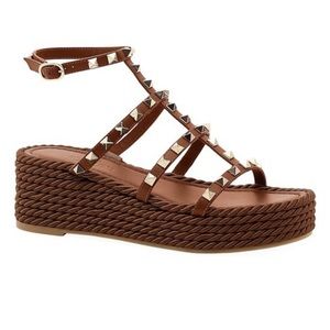 Valentino Shoes. Rockstud Espadrille Platform Mules/Slides Wed, Brown Size 38.
